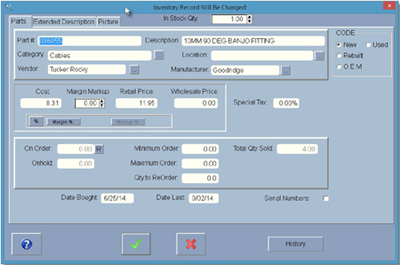 Add Inventory Parts Screen